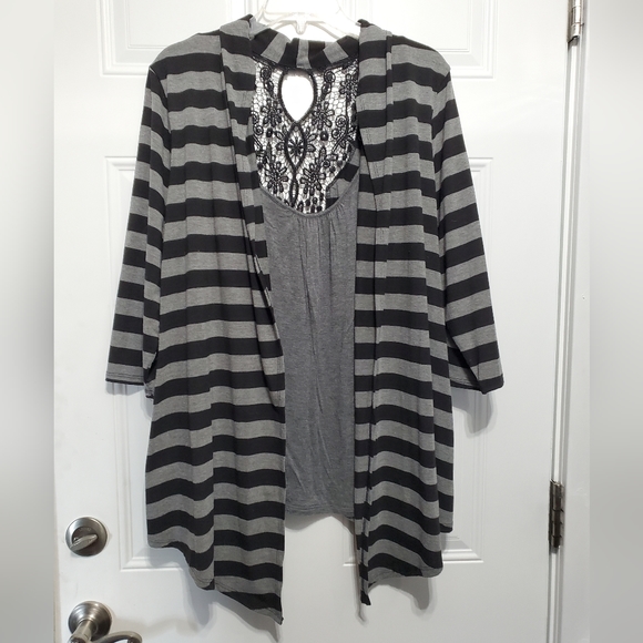 Deb Black & Gray Striped Cardigan with Lace Trim size 2XL - Picture 2 of 11